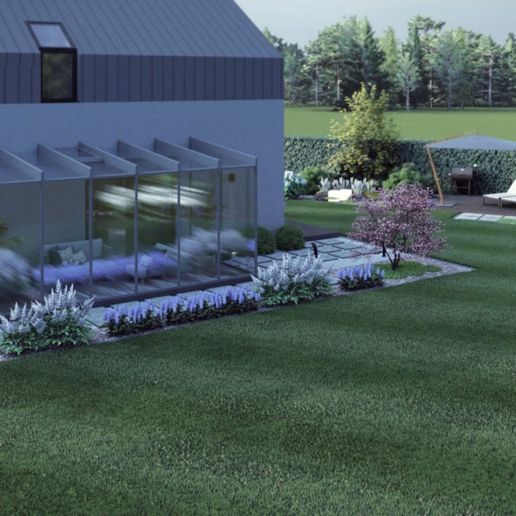 Wizualizacja ogrodu z ogrodem zimowym